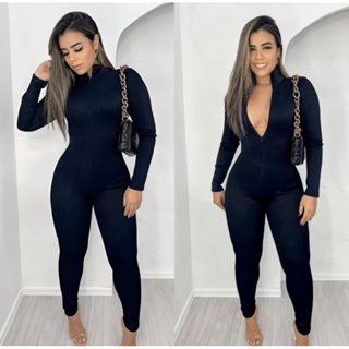 Macacão Manga Longa Virgínia Ribana Canelado com Zíper Academia Balada em Oferta na Shopee