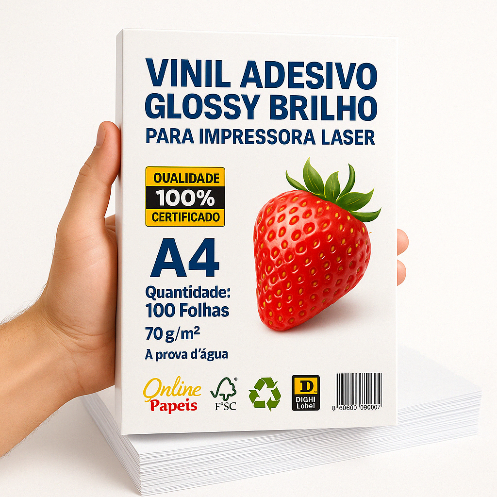 Vinil A4 Branco Brilhante p/ Laser – Kit c/ 100 Folhas Glossy
