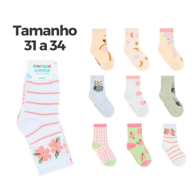 Meia Infantil Kit c/3 pares Menina Pimpolho 31 ao 34 0300621