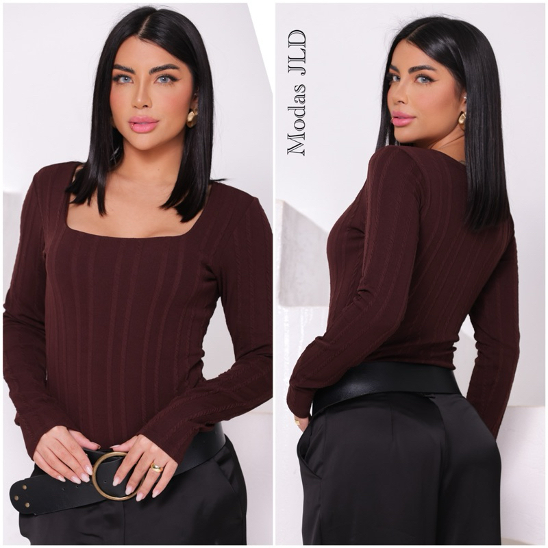 Body Casual Femenino Decote quadrado Manga Longa para Mulheres