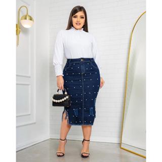 Saia Midi Lascão de Lado com Pérolas em Oferta na Shopee