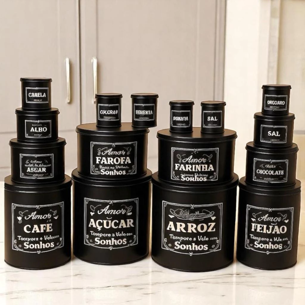 KIT 15 PEÇAS POTES DE MANTIMENTOS PRETO PARA COZINHA ORGANIZADOR DE ALIMENTOS
