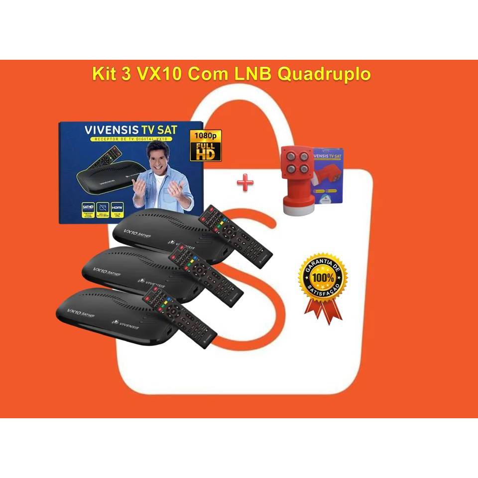 Kit 3 Receptor Vivensis VX10 SATHD Com LNB Ku Quadruplo Nova Parabolica Digital TV SAT
