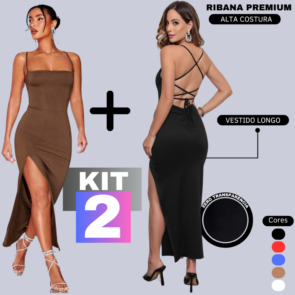 KIT 2 Vestido LONGO elegante com costas nuas trançadas Fenda Lateral Empina Bumbum Colado Novo