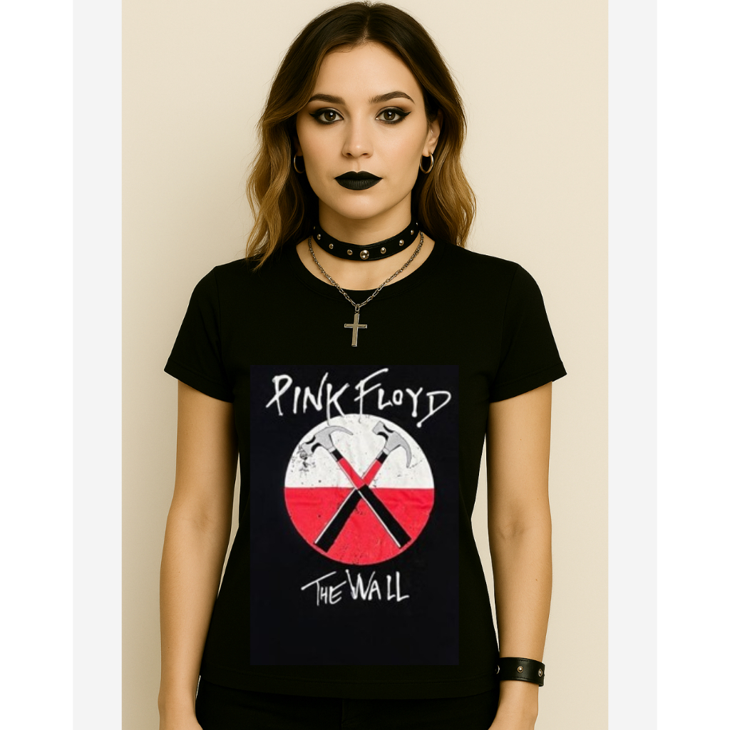 Blusa Blusinha Camiseta T-Shirt Feminina Estampada Banda de Rock Pink Floyd The Wall Preto
