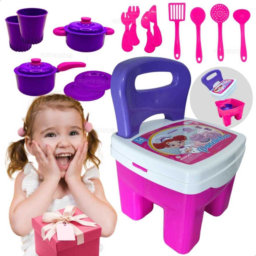Cadeirinha Baú com Blocos de Montar Kit Cozinha Panelinha 3 Anos Educativo Presente Dia das Crianças