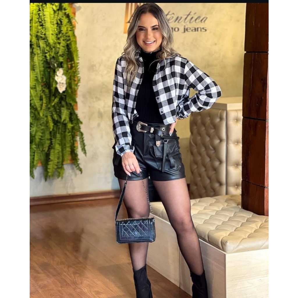 Blusa Cropped Xadrez Festa Junina Feminino Manga Longa Botões Moda Blogueira Look São João