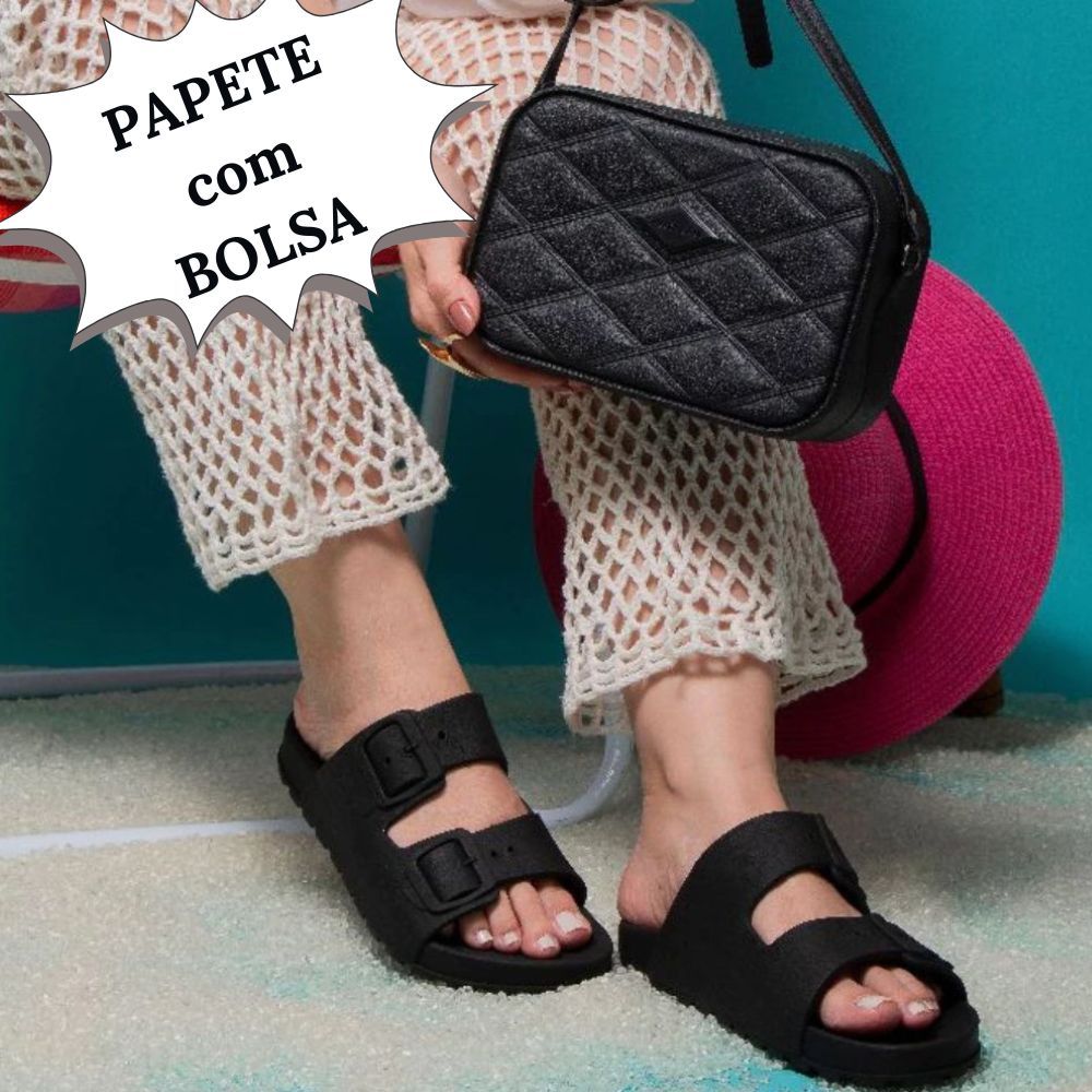 Kit 02 Pcs Sandália Papete Birken Feminina Duas Tiras  + Bolsa Original - Sola Alta