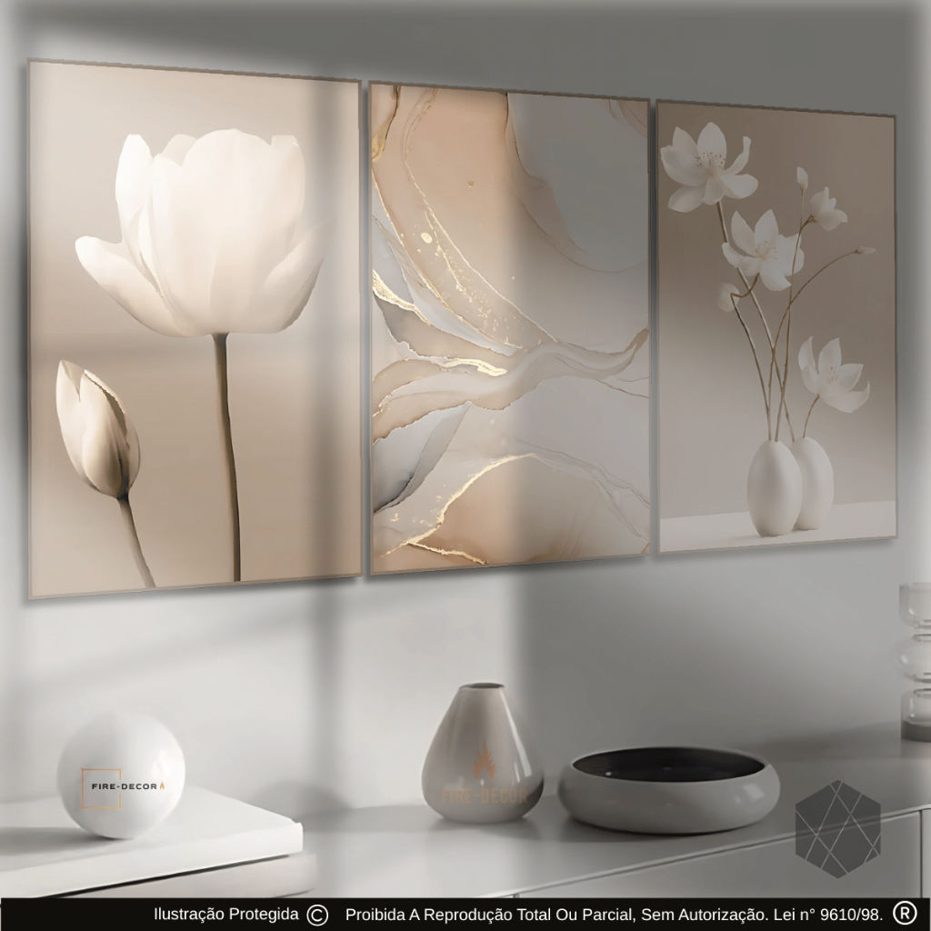 Quadros Decorativos Flores Paisagem Bege Para Sala Grande HD 120x60cm