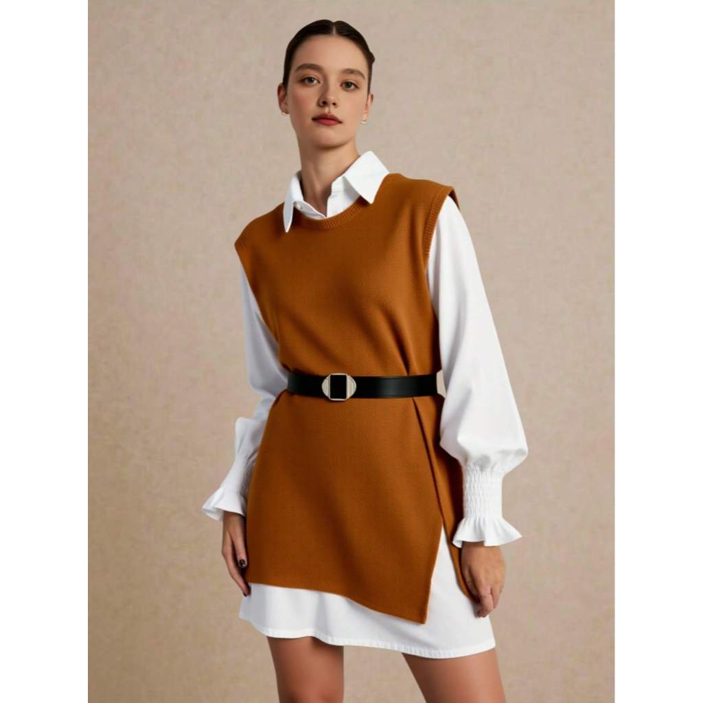 Liu Fashion  2 peças/Conjunto Colete Com Manga De Lanterna Branca de Primavera e Colete De Malha De Ajuste Solto