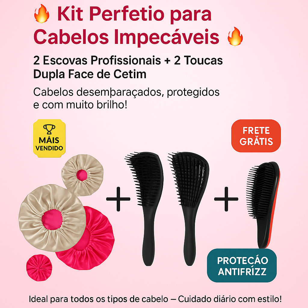 kit 1 escova magica 1 escova polvo 2 toucas dupla face -Kit do Cabelos Perfeito e Impecaveis