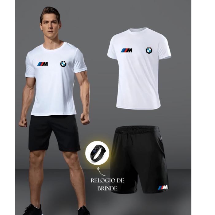 CONJUNTO DE CAMISETA DRY FIT E BERMUDA PRODUTO DE ALTA QUALIDADE ESTAMPA BMW SIMBOLO + RELOGIO DE BRINDE