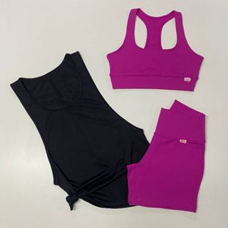 Kit 3 Peças Conjunto Fitness Feminino Top Nadador Shorts Regata Cavada Dry Fit Roupa de Academia em Oferta na Shopee