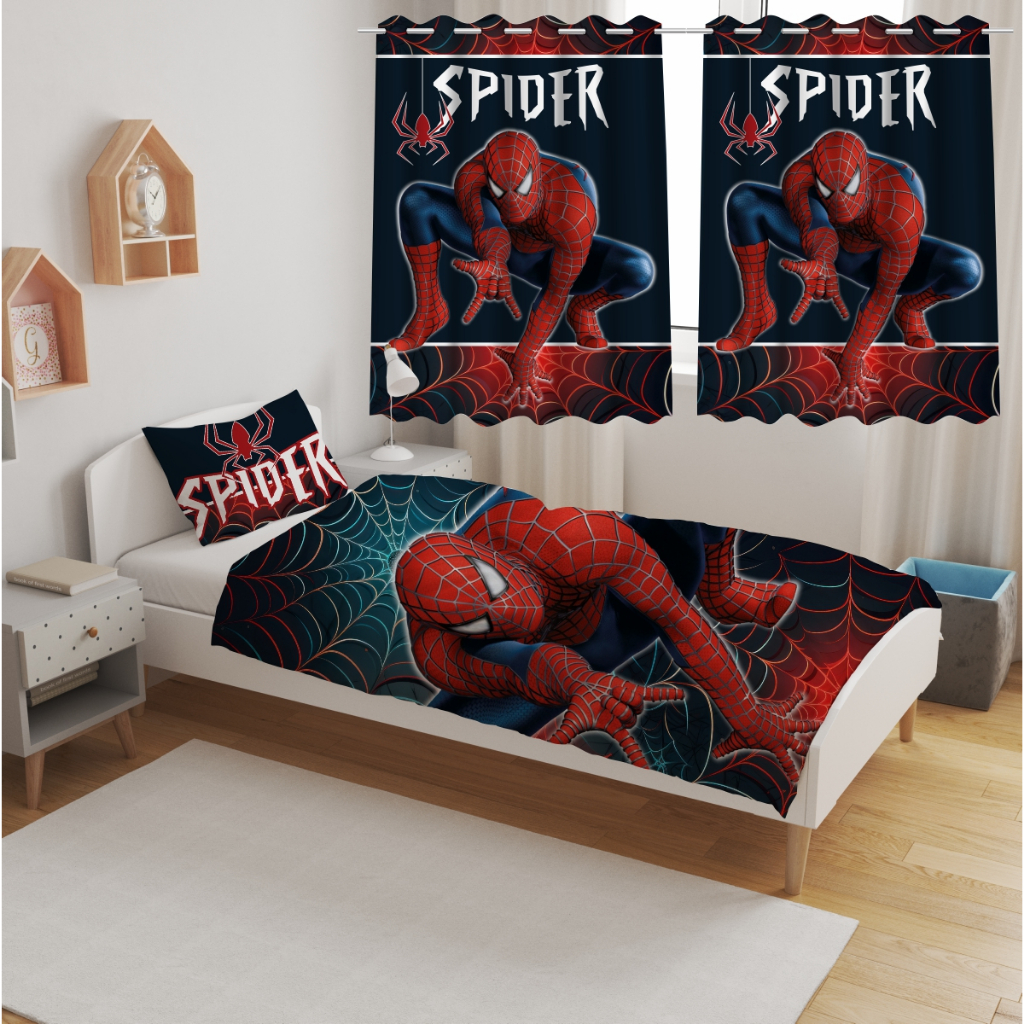 Jogo de Lençol Solteiro Homem Aranha e Cortina Decoração para Quarto Infantil