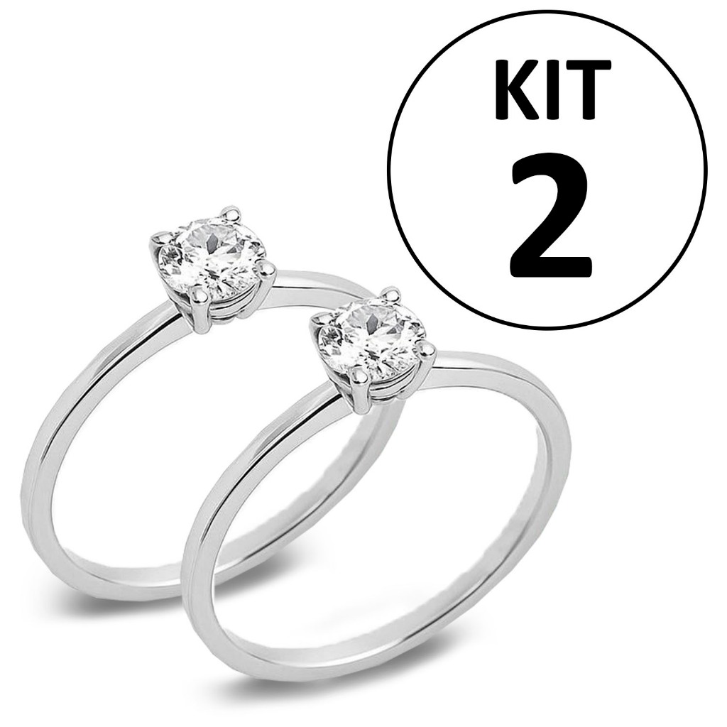 Kit 2 Anéis Solitário Banhado a Prata Feminino Luxo Elegante Presente