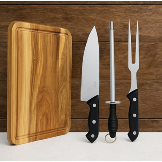 Kit Tábua de Carne Madeira Eucalipto + Faca e Garfo Inox – Resistência e Beleza no Seu Churrasco em Oferta na Shopee