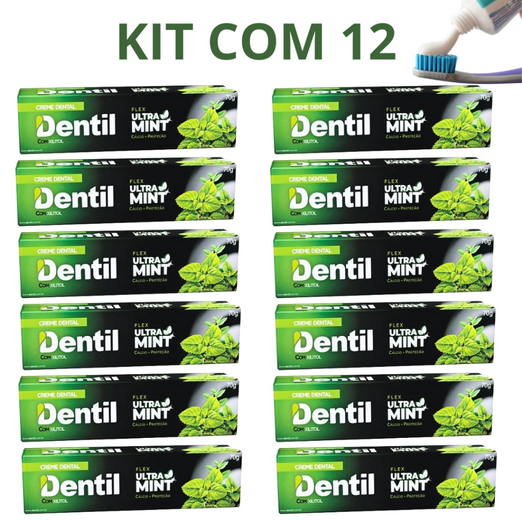 Kit 12 Creme Dental Dentil Ultra Mint Pasta de Dente Sem Flúor Com Xilitol 70g em Oferta na Shopee