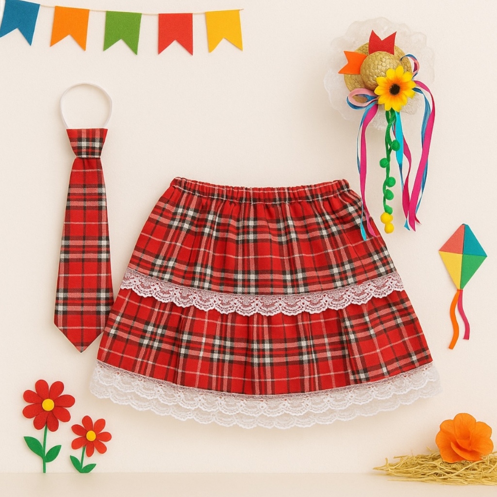 Kit Conjunto Festa Junina Saia Xadrez Tiara Chapéu Arraiá e Gravata Festa São João