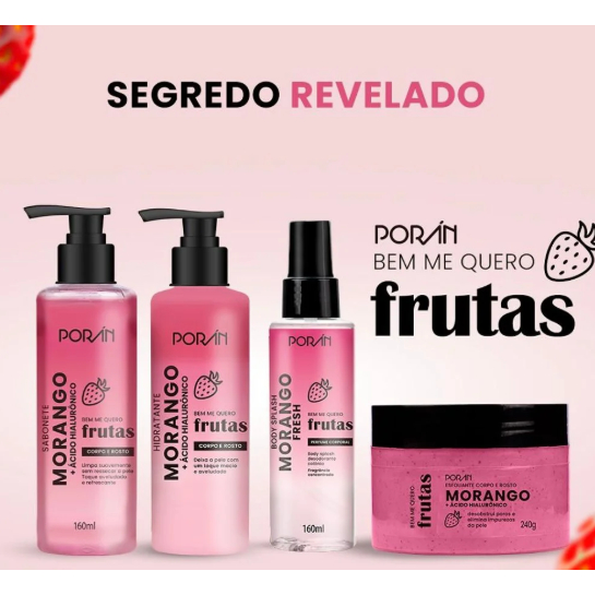 Porán Kit Morango 1 Hidratante 1 Sabonete Líquido 1 Body Splash 1 Esfoliante em Oferta na Shopee
