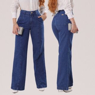 Calça Jeans Feminina Wide Leg Pantalona Cintura Alta 100% Algodão Casual Elegante Confortável em Oferta na Shopee