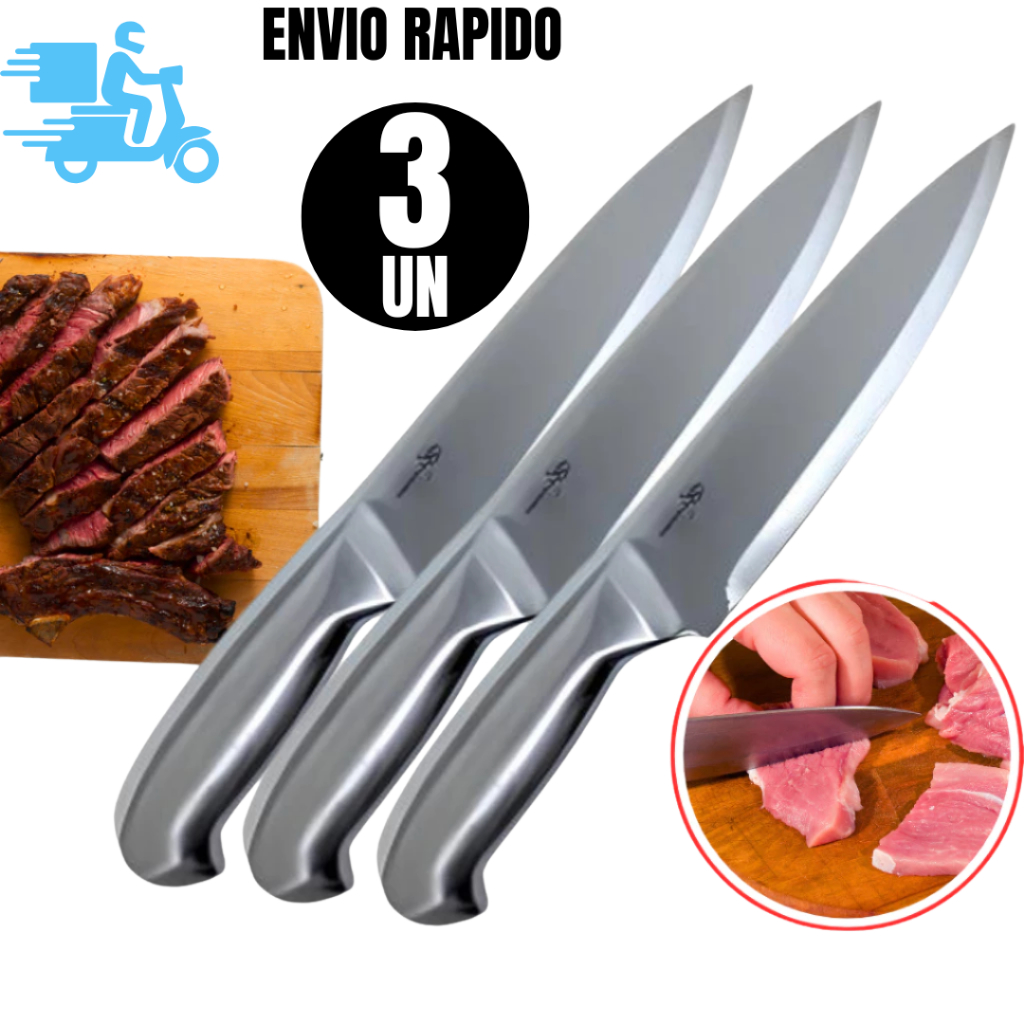 Conj 3 e 1 Faca Inox Peixeira Profissional 7 Polegadas Lâmina Corte de Precisão Churrasco Açougue