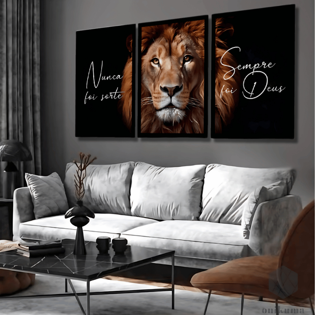Quadro Decorativo Leão Nunca Foi Sorte Para Sala Grande 4K MDF 3 Peças