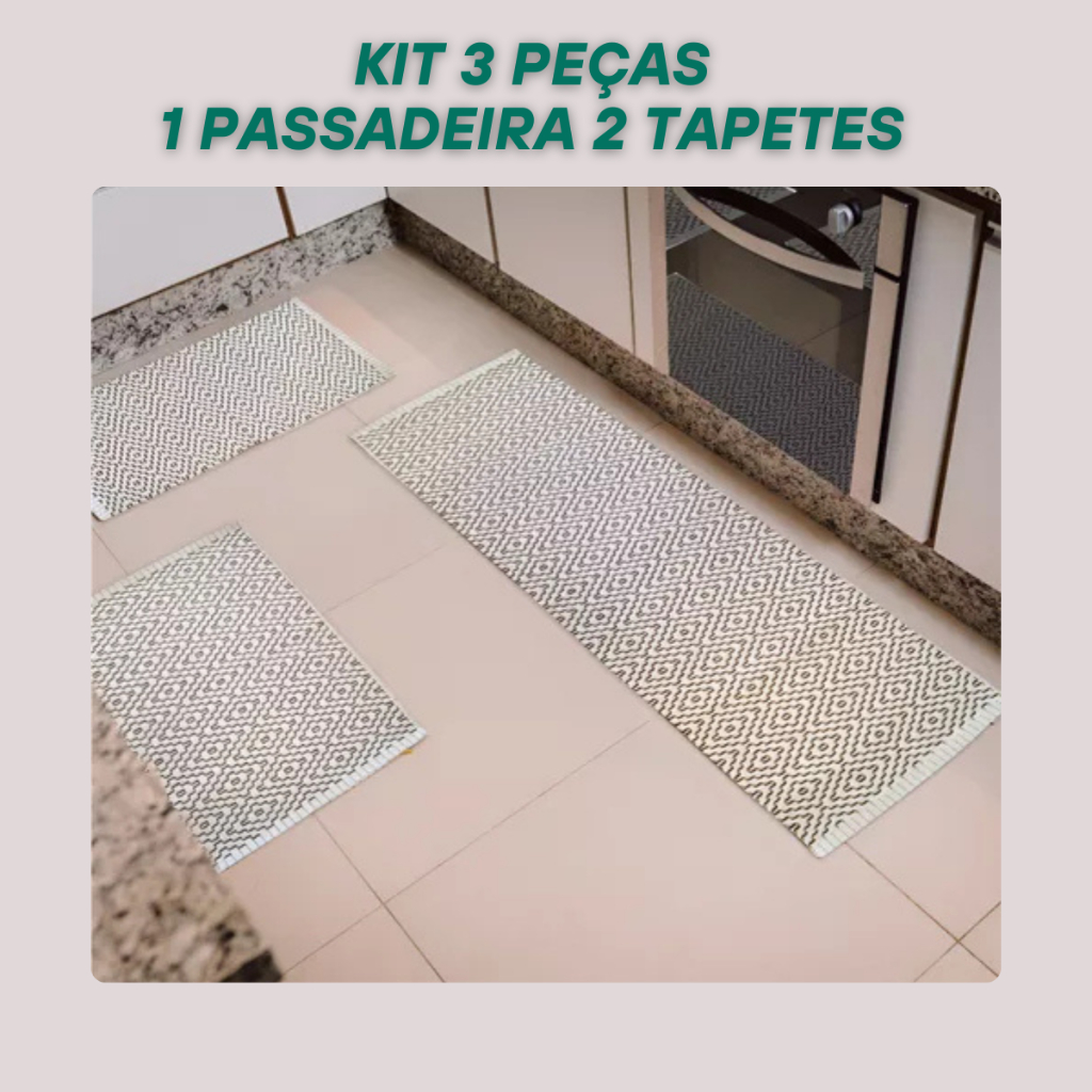 Passadeira para Cozinha Kit 3 Peças 1 Passadeira 2 Tapete de Algodão Cozinha, Grosso, Maci...