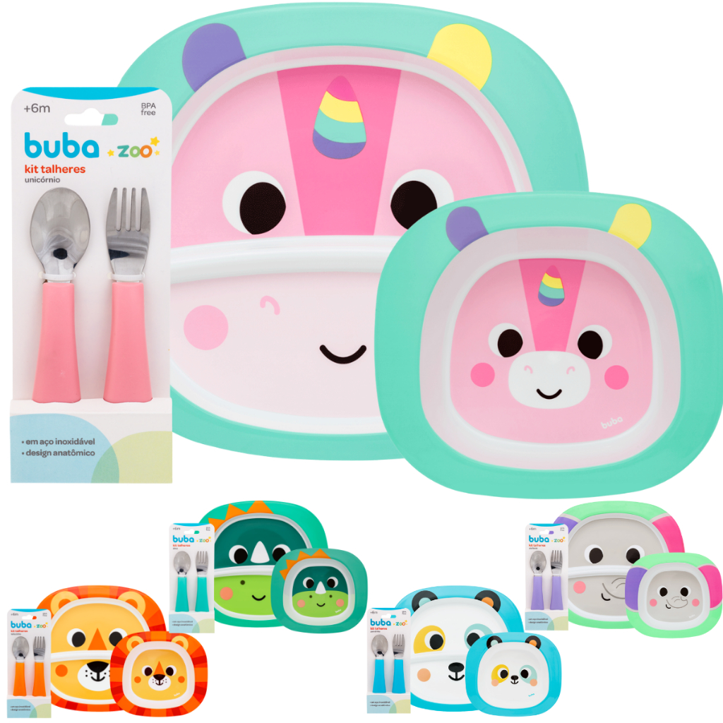 Kit Refeição Buba Zoo Prato Bowl Talher Infantil Seguro e Divertido Colorido Menina Menino
