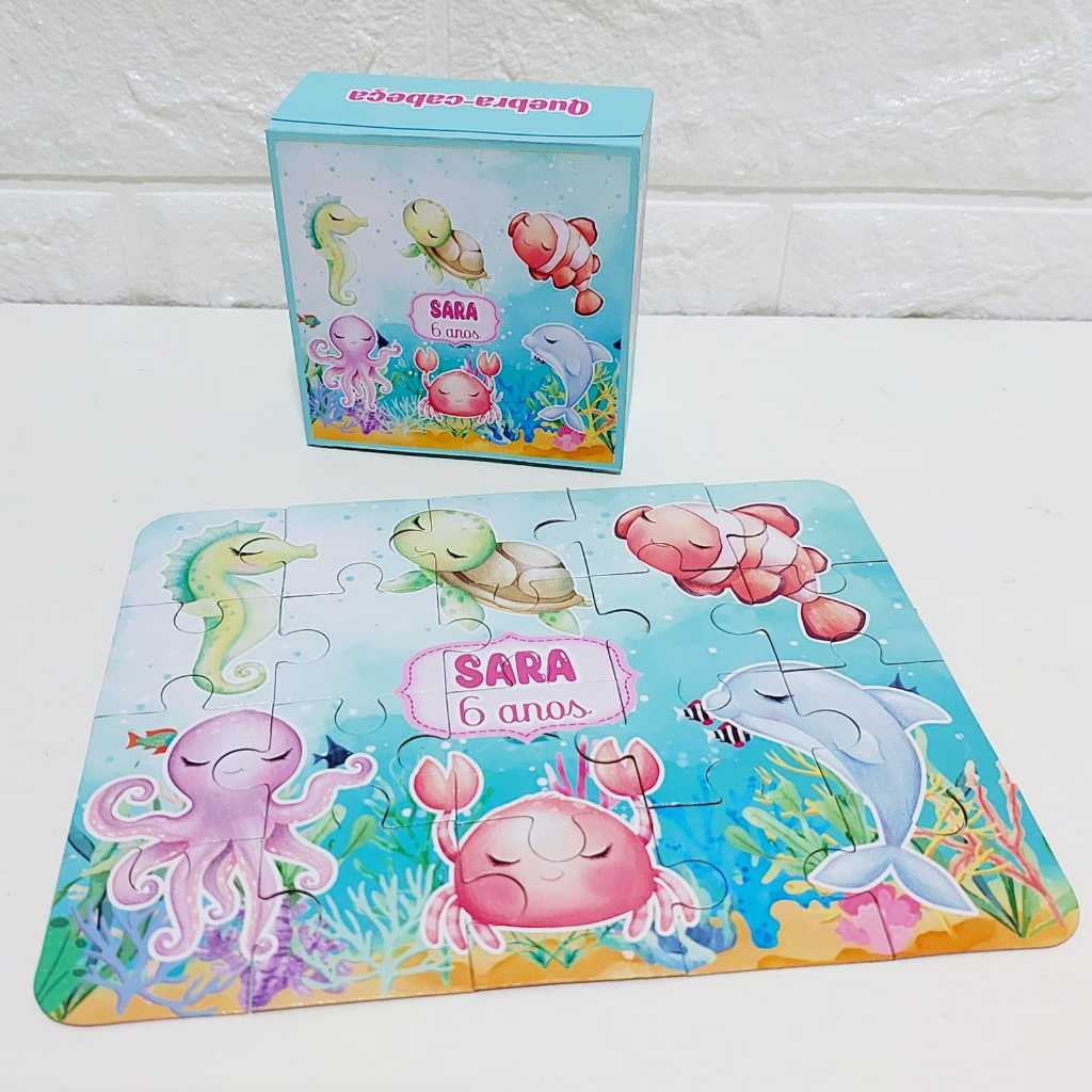 Quebra-Cabeça Fundo do Mar Aquarela Personalizado | Lembrancinha de Festa Infantil com Caixinha