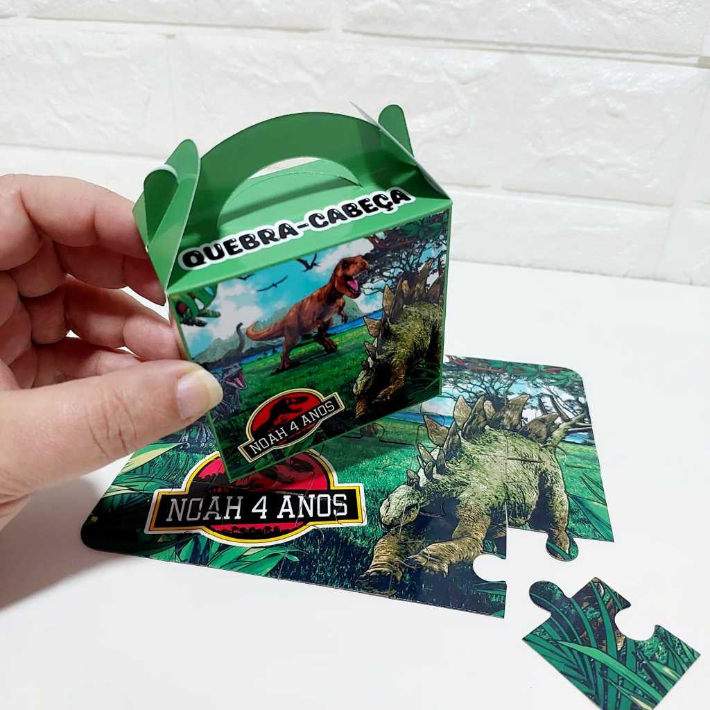 Quebra-Cabeça Jurassic Park Dinossauro Personalizado | Lembrancinha de Festa Infantil com Caixinha