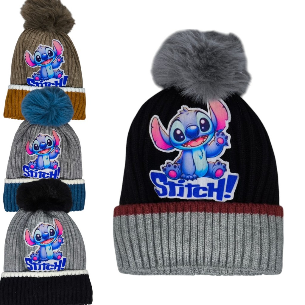 Touca de frio Stitch infantil ate 9 anos com um pompom, boina, gorro de lã de qualidade