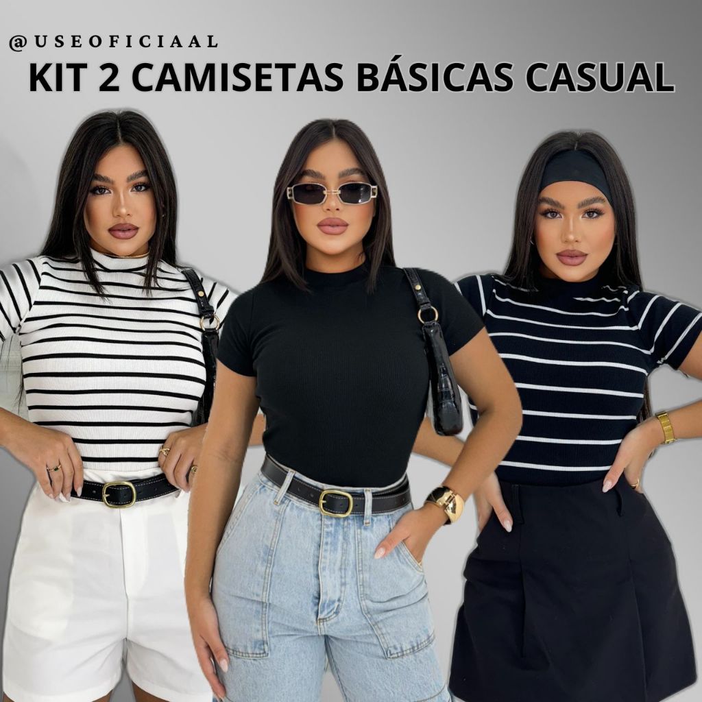 KIT 2 Blusa Básica Listrada e Lisa Ribana Canelado Premium Casual Moda Basico Camiseta T-Shirt em Oferta na Shopee
