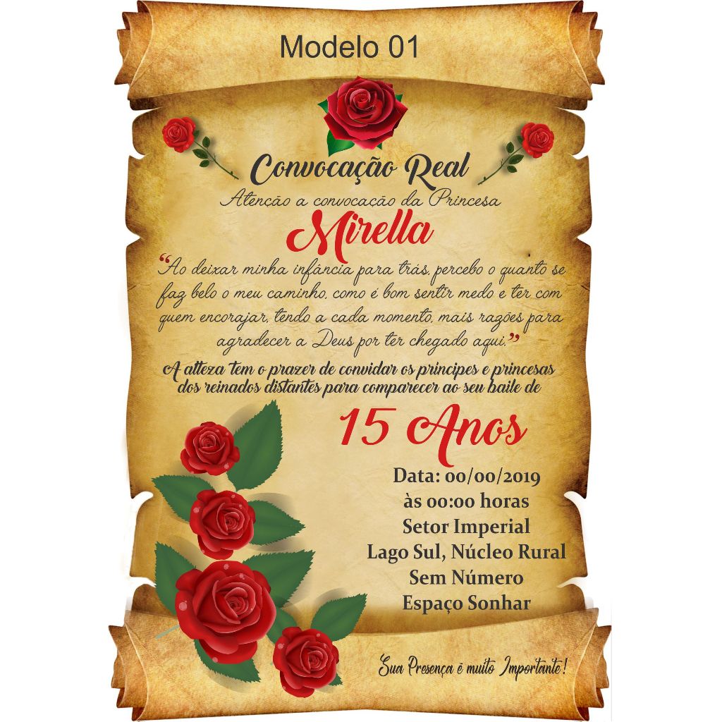 Convite Pergaminho Floral Flores Rosas - Convite Debutante Festa Aniversário 15 Anos + Individuais