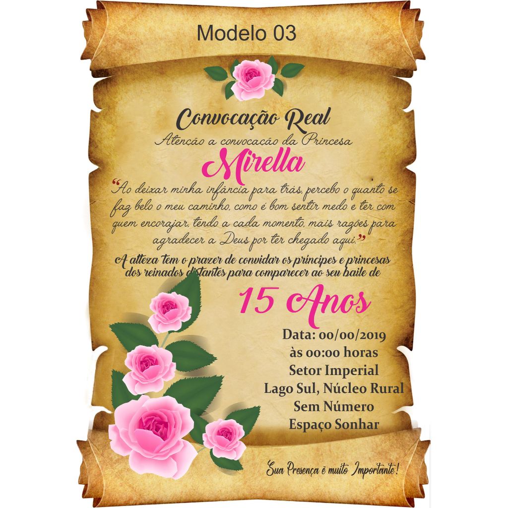 Convite Floral Rosas Debutante 15 Anos - Convite Pergaminho Festa de Aniversário Floral + Individuais