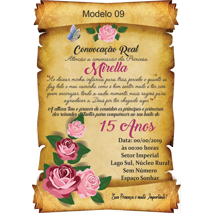Convite Pergaminho Festa 15 Anos Floral Rosas - Convite Flores Debutante Aniversário + Individuais