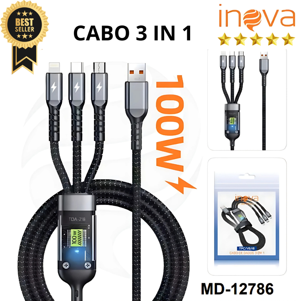 Cabo 100w 3 em 1 de carregamento ultrarrápido para V8 Micro USB Tipo C iphone lightning 1.2m