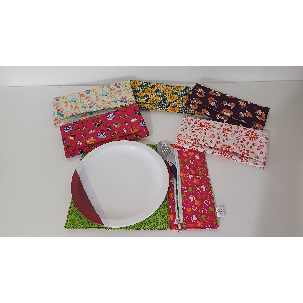 Lugar Americano em tecido de algodão com porta talheres para carregar na bolsa