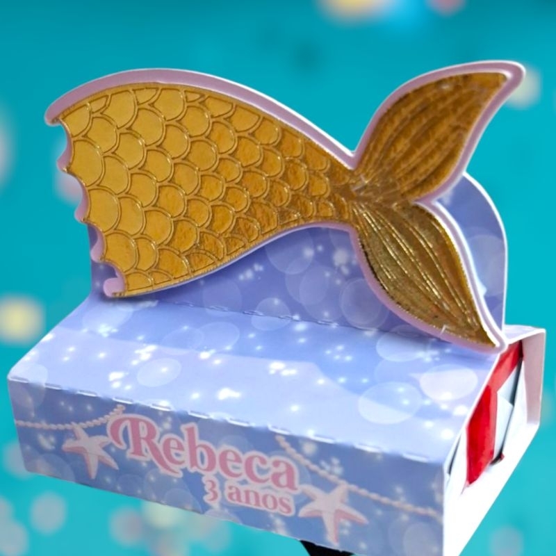 Kit 15 Porta Bis Duplo Sereia Fundo do Mar Aplique 3D luxo em lamicote dourado caixinha personalizada/lembrancinha festa