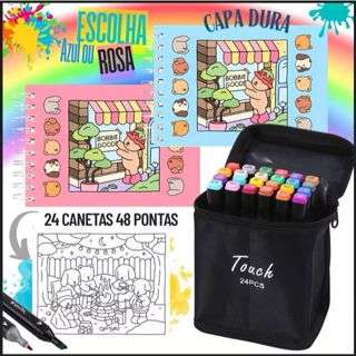 Kit 24 Canetinhas Ponta Dupla + Livro De Colorir Infantil Capa Dura