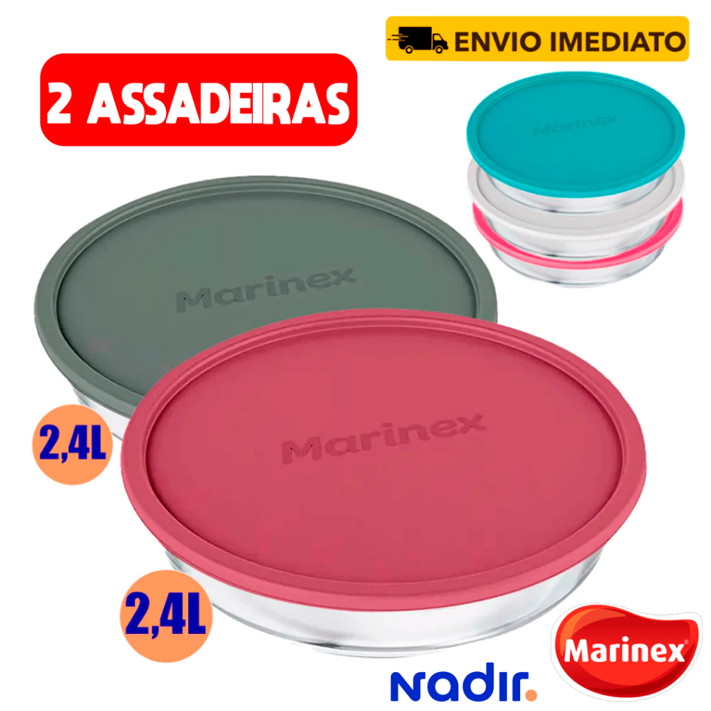 Kit de 02 Assadeiras de Vidro anti Risco com Tampa Redonda Sortidas 2,4L Marinex Tigelas Resistentes