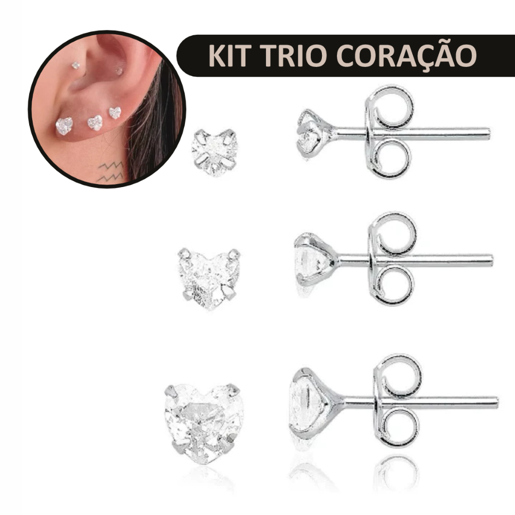 Kit Trio Brinco Ponto de Luz - Coração Zircônia Prata 925 4mm 5mm 6mm em Oferta na Shopee
