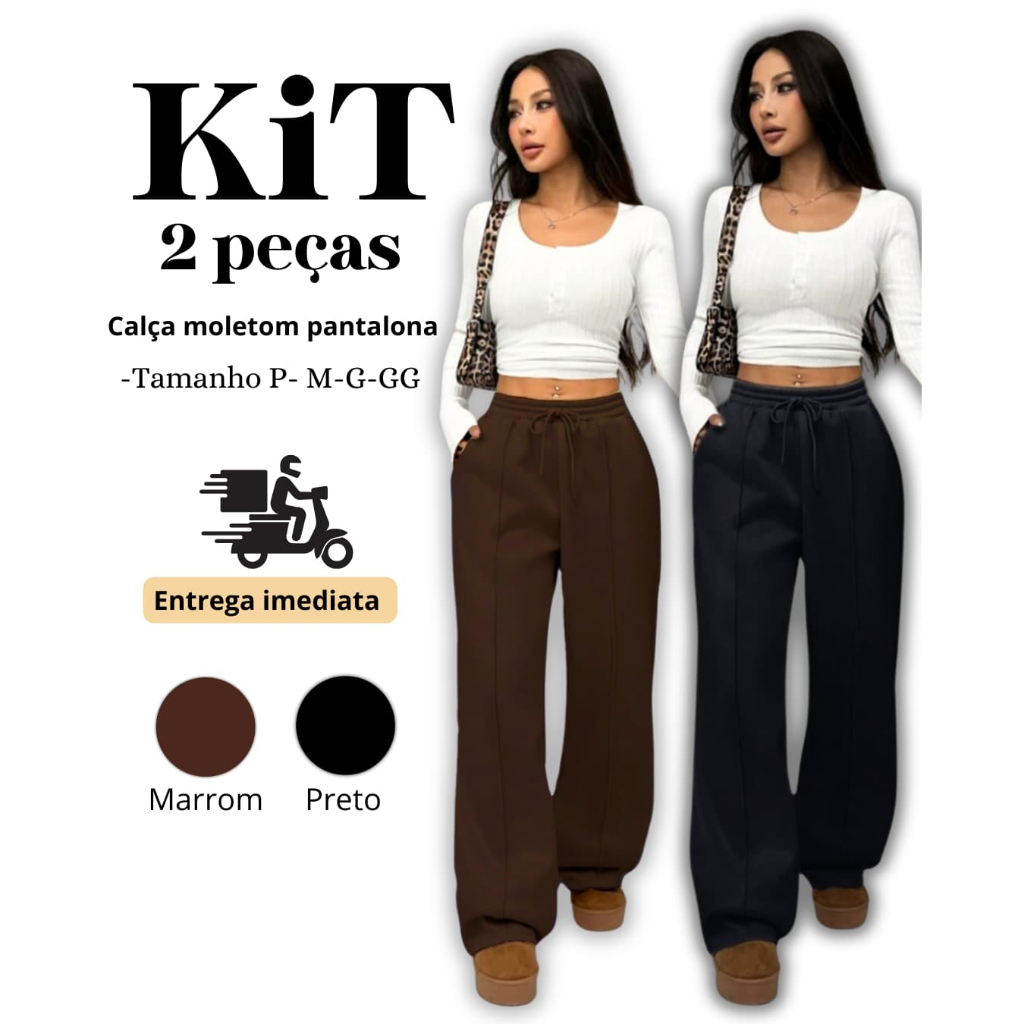 Kit 2 Calças Feminina Moletom Pantalona - Moda Gringa Casual Elegante (P M G GG)