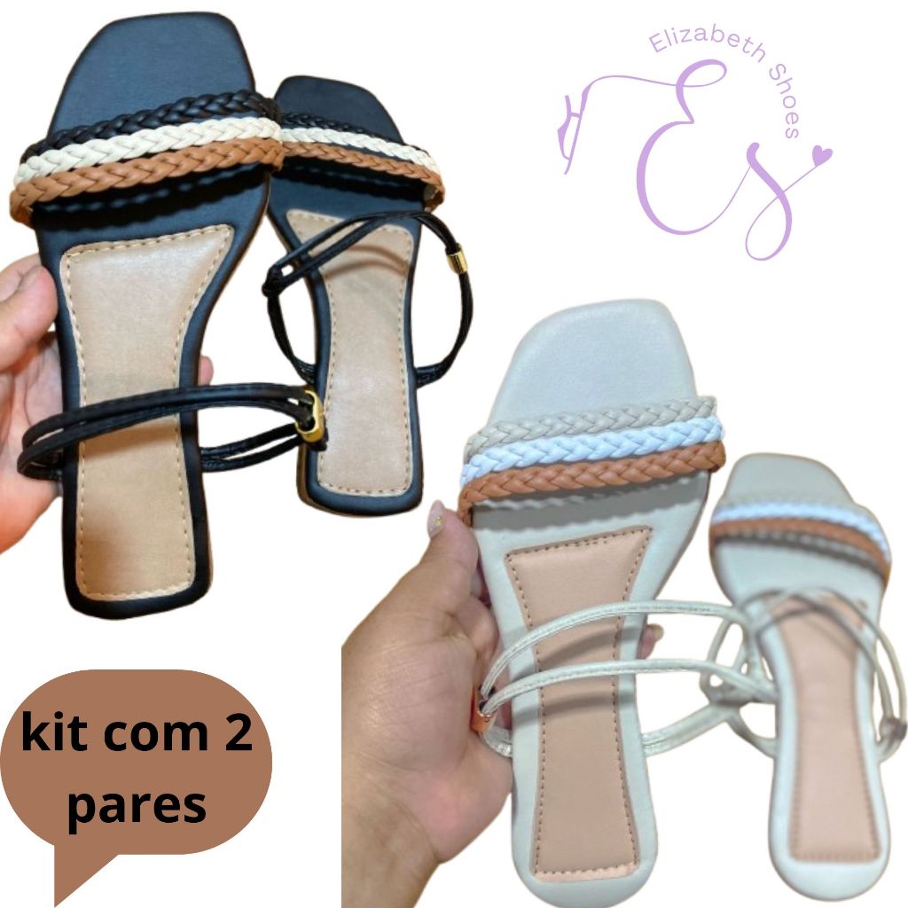 kit com 2 pares Rasteira Sandalia feminina papete chinelo sapato