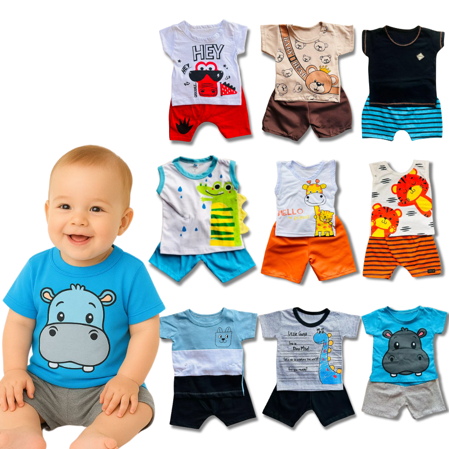 Kit Sortido 10 Peças Roupa de Bebê Menino - 5 Camisetas e 5 Shorts - 5 Conjuntos Roupinhas Para Bebê Menino 0-12 Meses