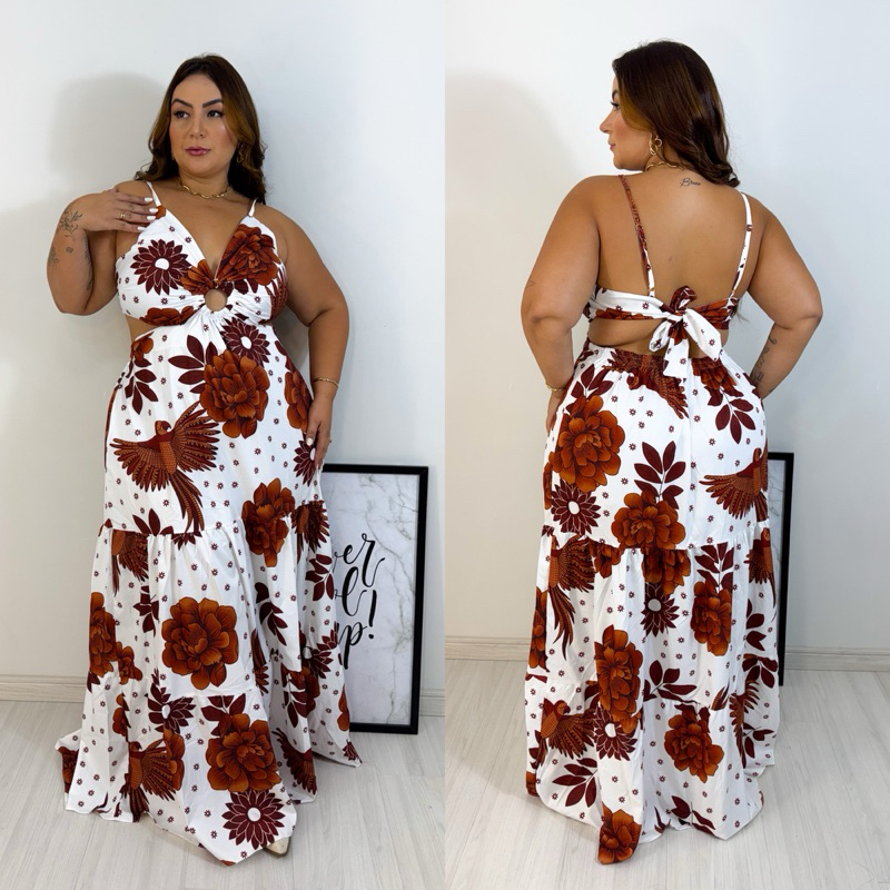 Vestido Longo Plus Size Estampado Moderno Decote Argola