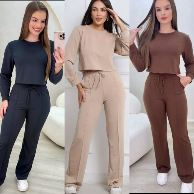 Conjunto moletinho feminino de manga longa em Oferta na Shopee