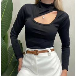 Blusa feminina BLUSAS RECORTE de frio inverno elegante básica outono boho chic marron luxo canelado