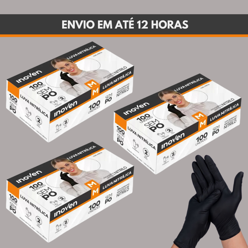 Kit 3 Luvas Nitrilica Preta Sem P� 300 Unidades Descart�veis Inoven 3 Caixas