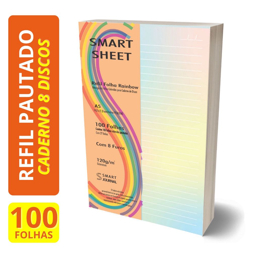 Refil Caderno Discos A5 120g Rainbow Colorido 100 Folhas 8 furos 14,8x21cm