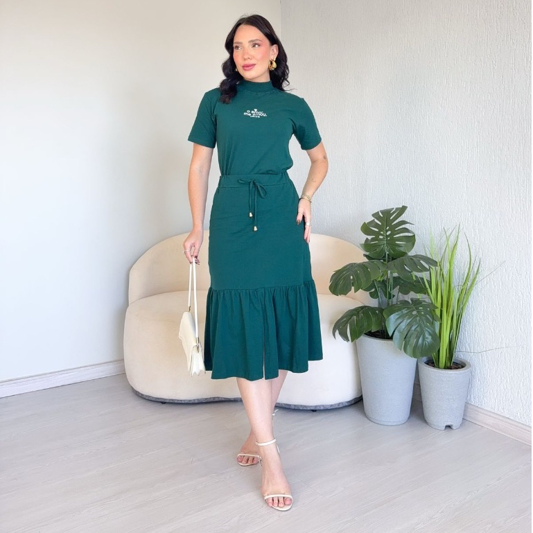 Conjunto Feminino Gola alta Evangélico Ribana Saia Midi Fenda Central Casual Chic Elegante Barra com Babados Plissados